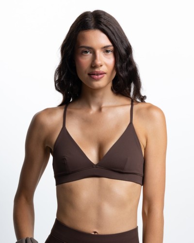 stanik sportowy damski brązowy do pilatesu Contour Bra przód dopasowany